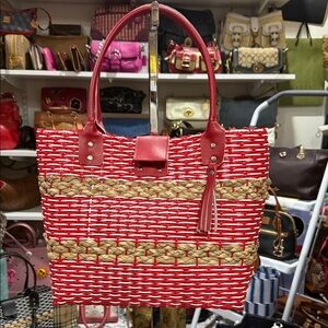 Handmade Red and Tan Woven Tote Bag